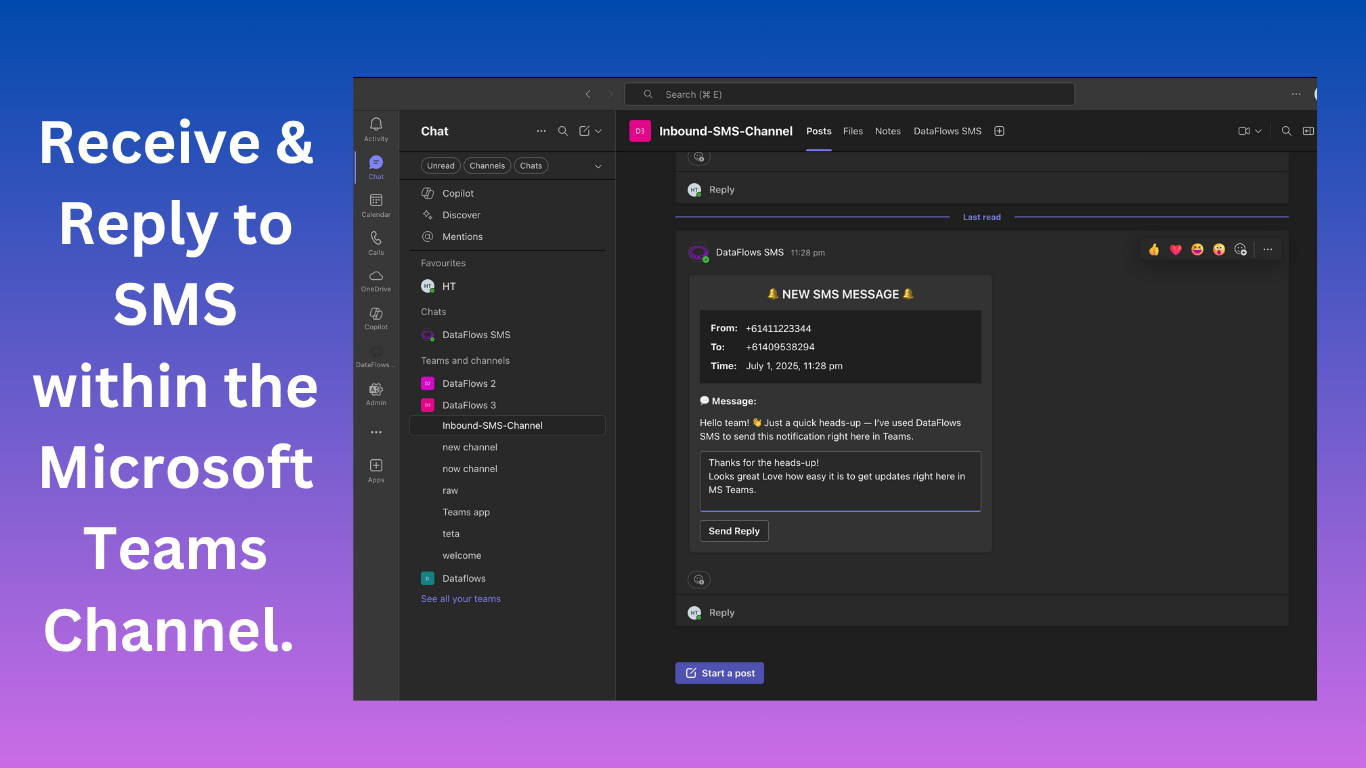 Receiving SMS messages in Microsoft Teams channel showing inbound message notifications